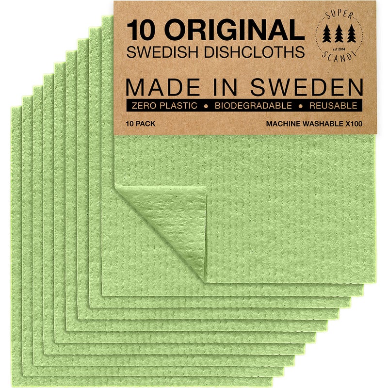 SUPERSCANDI 10 Pack Swedish Dishcloths for Kitchen - 100% Biodegradable & Compostable Reusable Paper Towels Washable, Food-Safe & Without Plastic - Dish Rags Suitable for Any Surface, Apple Green - Image 1